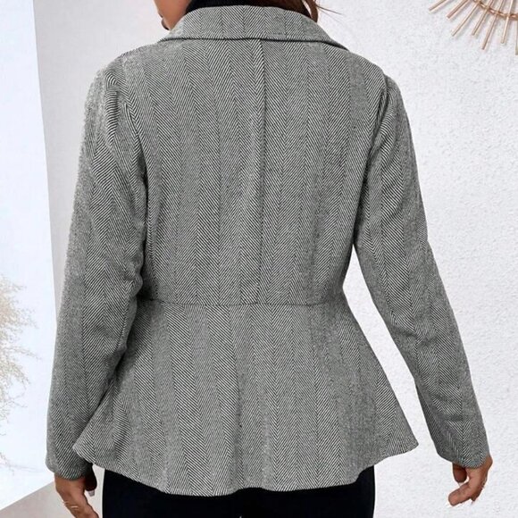 SHEIN Essence Plus Herringbone Peplum Hem Overcoat Black and White XS size 2 - Picture 2 of 8